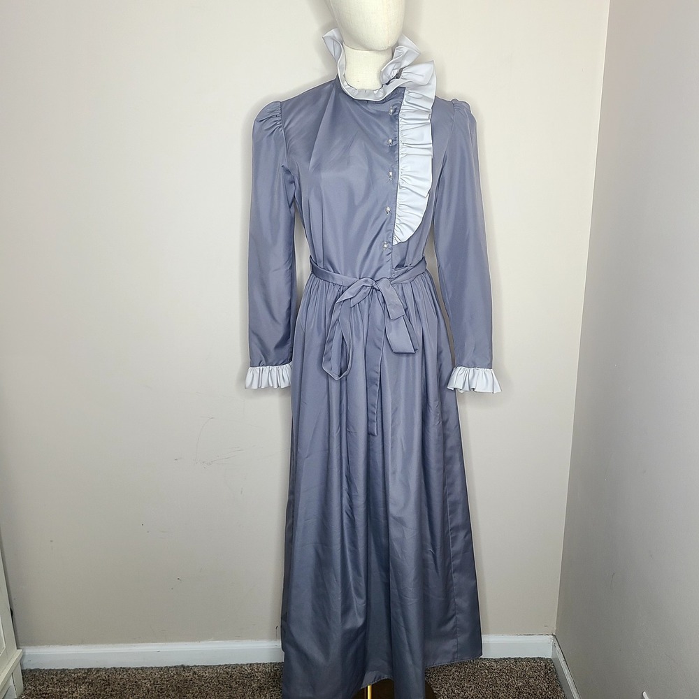 Vintage Emma Domb Prairie Style Ruffles High Neck Gray Maxi Dress Size‎ 10